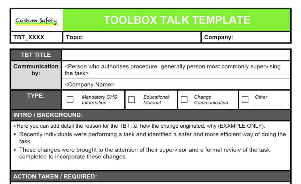 Printable Toolbox Talk Template